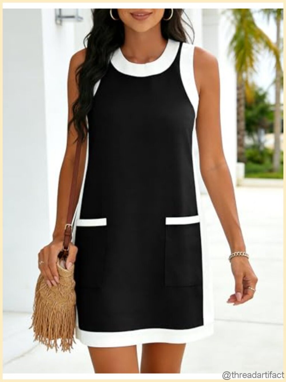 Sleeveless Mini Dress Crewneck Color Block Beach Sundress with Pockets - Picture 2 of 5